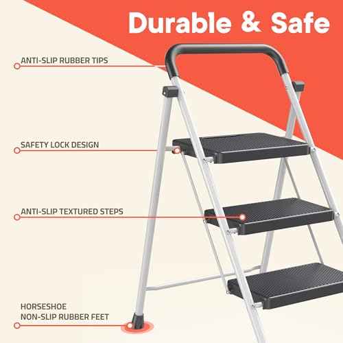 White 3 Step Stool Foldable ? Heavy-Duty Foldable Step Stool for Adults, 500 lbs Capacity, Anti-Slip Feet & Wide Steps, Sturdy Steel Frame, Lightweight & Space-Saving Design for Home, Kitchen & Garage