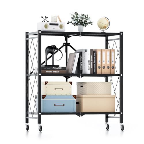 Simple Deluxe 3-Tier Folding Storage Shelves, 27.95" W x 14.96" D x 34.25" H Foldable Shelving Unit, 750 Lbs Loading Capacity, Black - color: Black, size: 3-Tier, 28"W x 15"D x 34"H
