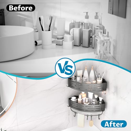 Onemake Corner Shower Caddy with Suction Cups, 2-Pack Removable Aluminum Wall Mounted Organizer Shelves Storage Rack with Towel Bar Portable Hook for Bathroom, Grey - style: 2 Tier-Gray-Triangle Caddies