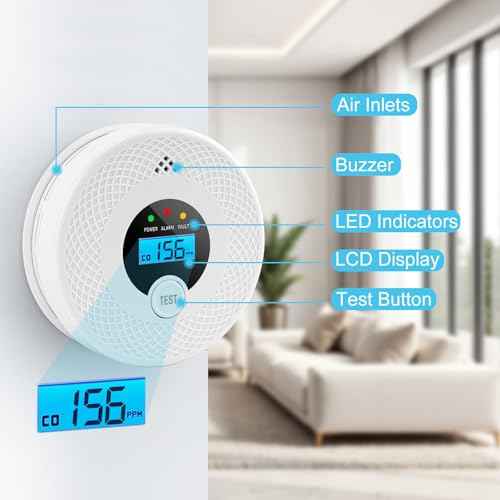 2 Pack Smoke Detector Carbon Monoxide Detector Combo with LED Indicator Lights, LCD Display & 85dB Alarm, Battery-Operated Smoke Alarm and CO Detector for Home, Kitchen, Basement, Bedroom, Office