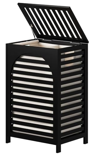 Laundry Hamper, 22.5 Gallon (85L) Bamboo Wood Clothes Laundry Basket with Lid and Handles, Removable Liner (Black, Large) - color: Black, size: Large