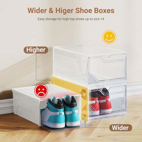 XX-Large Shoe Sneaker Storage Boxes for Size 14, Stackable & Thicken Clear Plastic Shoe Organizers 8 Packs for Entryway Closet Under Bed, Shoe Storage Cabinets Container Display Case w/ Magnetic Door - size: 8 packs