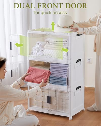 OlarHike 76QT Lockable Storage Bins with Lids - Folding Storage box with Doors and Wheels, Collapsible Plastic Bins for Closets, Office, Stackable Organizer and Containers, Gifts, 3 Pack Cubes - size: 76QT-White, style: 3Pack