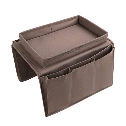 IPENNY Couch Sofa Armrest Organiser with Cup Holder Tray Chair TV Remote Holder Bedside Storage Pocket Bag for Cellphone Tablet Notepad Book Magazines DVD Eyewears Drinker Snacks Holder Pouch - color: Coffee (With Top Tray)