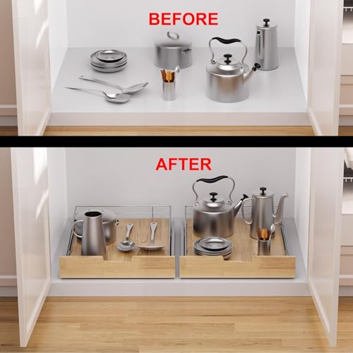 Sikarou Pull Out Cabinet Organizer,Heavy-Duty Slide Out Shelf, Wood And Wire Basket, Pull Out Drawer for for Kitchen Under Sink Space, Pantry, Bathroom (11 * 21 WM) - size: 1-TIE 11*21 WM