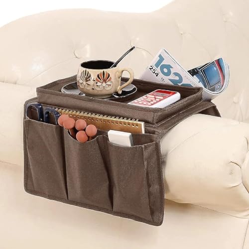 Sofa Armchair Caddy with Cup Holder Non-Slip Armrest Tray 4 Pockets Remote Control Holder Sofa Armrest Storage Organizer for Recliner Couch Armrest Side Pocket Storage for Magazine Tablet Phone