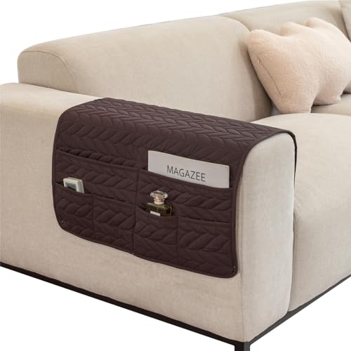 Waterproof No-slip Sofa Couch Remote Control Holder Chair Armrest Caddy Pocket Organizer Storage Bag for Cellphone Tablet Notepad Book Magazines DVD Eyewears Drinker Snacks Holder Pouch (Brown) - color: Brown