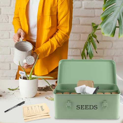 Seed Storage Organizer, 4 Compartment Seed Storage Box with Safety Lock, Metal Seed Box Seed Packet Container with 1 Pen, 12 Slots, 20 Plant Labels & 30 Seed Envelopes, Green Gardening Gift - color: Green Box with Slots