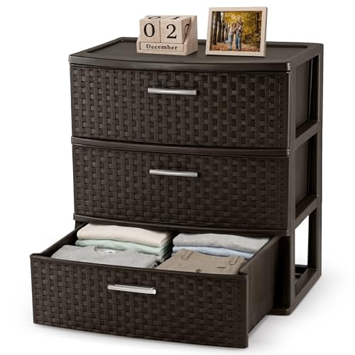 Sterilite Wide 3 Drawer Weave Tower Home Plastic Organizer with Handles, Espresso - Tall Vertical Storage Unit for Bedroom, Closet, Bathroom, Dorm Room, and Office Organization - size: 1 Pack