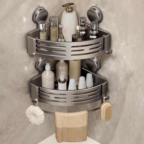VOLPONE Corner Shower Caddy Suction Cup Shower Shelf Corner No Drilling Bathroom Shower Organizer Storage Rack Adhesive with Towel Bar Hooks (2-Pack, Matte Gray) - style: Suction Cup Triangle with Towel holder 2 Tier Gray