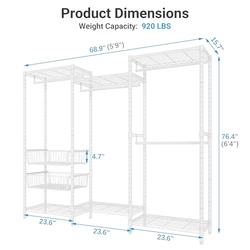 VIPEK V10 Wire Garment Rack 5-Tiers Heavy Duty Clothes Rack Large Size Clothing Rack with 4 Hanging Rods, 6 Wire Shelves and 2 Slid Baskets, 68.9" W x 15.7" D x 76.4" H, Max Load 920 LBS, White - color: White