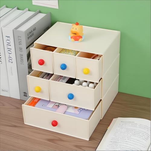 Desktop Storage Drawers, Plastic Desk Organizer with 3 Drawers, Modular Stackable Toolbox Units for Office Stationary, Makeup Container, Bathroom Countertop (1 Tall Layer, Cream) - color: 1 Tall Layer & 3 Drawers, Cream