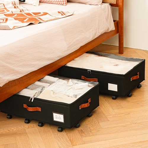 Freebat Under Bed Storage Organizer with Wheels, Underbed Container with Clear Lid Cover, Storage Bag Box with Visiable Window for Clothes, Bedsheet, Pillow, 2 Pack，7.5 inches - size: 7.5 inch