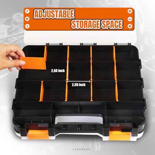 Tool Box with Transparent Lid, Double Side 34-Compartments Organizer Box with Removable Dividers for Hardware, Screws, Bolts, Nails, Beads, Jewelry and Fishing Accessories, Orange, 2 Packs