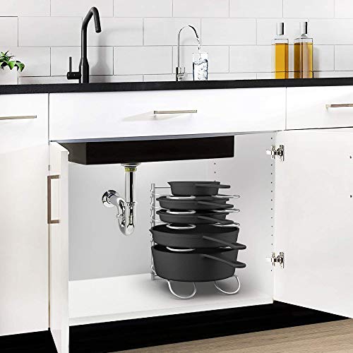 CAXXA Heavy Duty Pan Rack, Pot Lid Rack, Kitchen Cabinet Pantry Cookware Organizer Rack Holder with 5 Adjustable Dividers, Chrome - size: 12.8 x 10.4 x 8.9 INCH