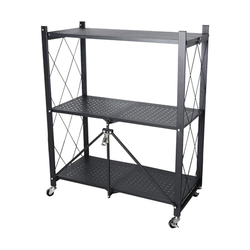 3-Tier Foldable Metal Kitchen Trolley Rack, Rolling Storage Shelf with Wheels, Perforated Mesh Shelving Organizer, for Kitchen, Home Office & Entryway