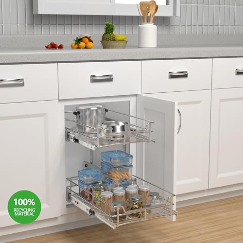 JOWBOOW 2-Tier Cabinet Pull Out Shelves (14" W x 22" D), Slide Out Shelves for Kitchen Cabinets, Metal Under Cabinet Roll Out Shelf - size: 14 X 22 Inch