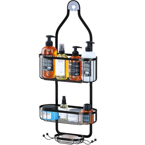 Kadolina Shower Caddy Hanging, Bathroom Shower Rack, Bathroom Organizer with Soap Dish, Over The Showerhead Caddy with Hooks for Razor/Sponge, Black - color: Black