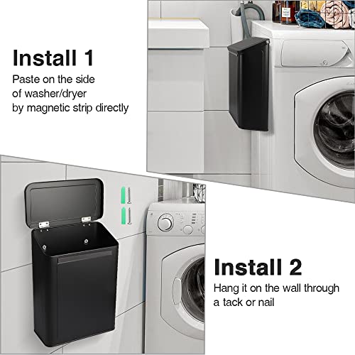 Picowe Magnetic Laundry Storage, Large Metal Lint Holder Bin with Lid for Laundry Room, Space-Saving Trash Container Hanging on Dryer, Washer or Wall Mount Trash Bin (Black) - color: Black