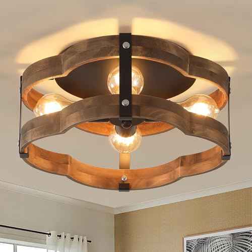 4-Light Rustic Farmhouse Wood Flush Mount Ceiling Light Fixture 14.17 inch Oak Wood and Metal Cloud Cage Semi Flush Mount Ceiling Light for Hallway Hall Entry Bedroom Farmhouse Indoor, Black