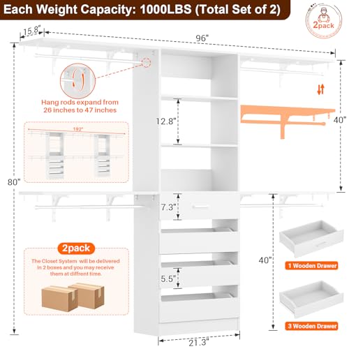 Aheaplus Closet System with Drawers Set of 2, Wood Closet Organizer System with 8 Hanging Rods & Top Shelves, Walk-in Closets Organizer Wardrobe Clothes Rack System, Cut Fits Spaces 4-9FT, White1 - color: White