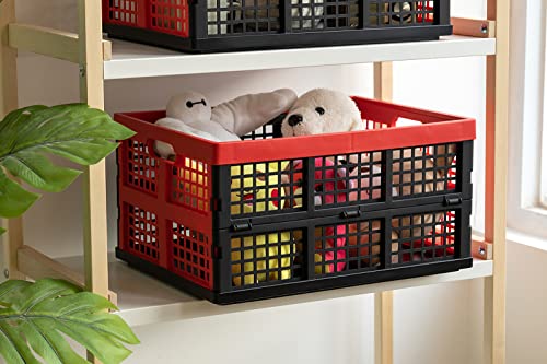 Eslite 34L Large Plastic Folding Storage Crates,Collapsible Crates for Storage,Pack of 3 (Black+Red) - color: Black+Red