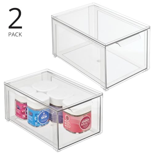 mDesign Plastic Stackable Bathroom Storage with Pull Out Bin Organizer Drawer for Cabinet, Vanity, Shelf, Cupboard, Cabinet, or Closet Organization - Lumiere Collection - 2 Pack - Clear - size: 8 x 12 x 6 (Pack of 2)