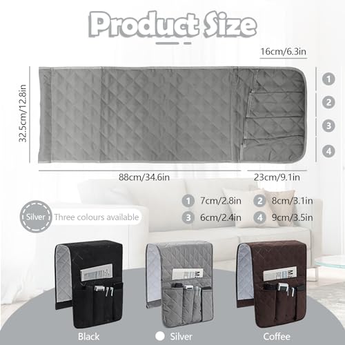 Huakaile Foldable Remote Control Holder Non-Slip Couch Sofa Chair Waterproof Armrest Organizer with 5 Pockets Armrest Organizer Couch Recliner Caddy Fits for Ipad, Phone, Magazines (Grey)