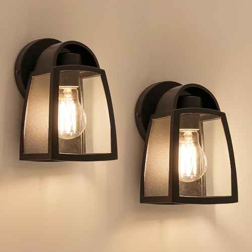 LUTEC 2 Pack Outdoor Wall Light Fixtures, Exterior Waterproof Wall Lantern with Clear Glass Shade, Aluminum Modern Matte Black Porch Sconce Outdoor Lighting for Garage Entryway Yard
