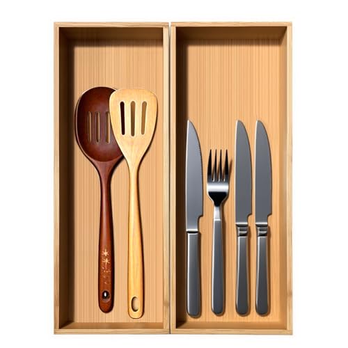guiogc Set of 2 Bamboo Drawer Organizer, Stackable Utensil Organizer for Kitchen, Bamboo Storage Box Wood Silverware Tray for Drawer - size: 14.95" x 5.2" x 1.96"