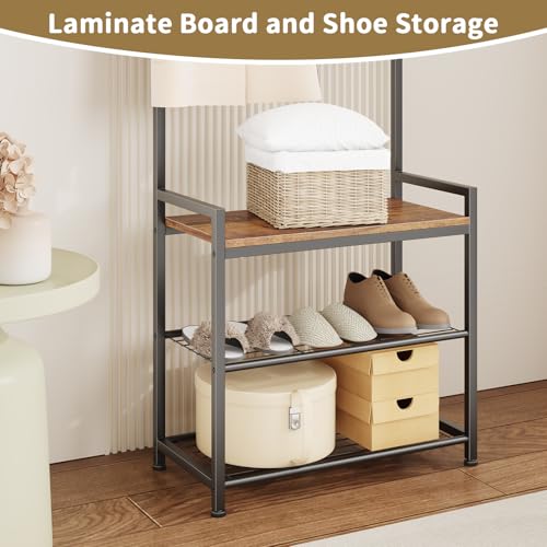 Coat Rack Hall Tree with Shoe Storage, Entryway Hall Tree Storage Bench, Wood Look Accent Furniture with Metal Frame, 3-in-1 Design, Rustic Brown - color: Brown