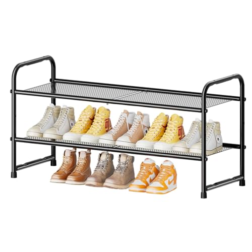 SUFAUY 2-Tier Mesh Shoe Rack, Closet Metal 33" Wide Shoe Shelf Heavy Duty, Black - color: Black, size: 2 Tier