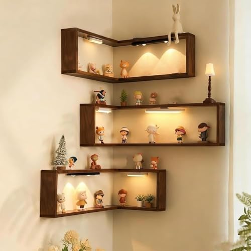 Smart Corner Shelves that Light up Your Space, Set of 3 Corner Floating Storage Shelves,Wooden Wall-Mounted Corner Shelf Display Rack, Space-Saving (Set of 3(Includes LED Lights*6)) - size: Set of 3(Includes LED lights*6)