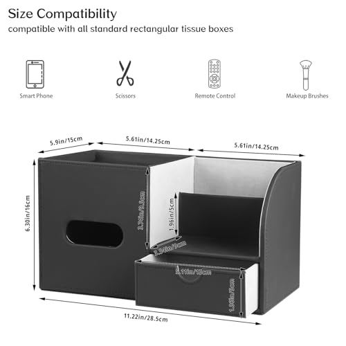 PU Leather Square Tissue Box Cover with Tray and Organizer, Multi-Function Remote Control Tissue Holder for Vanity, Nightstand, Bathroom, Home and Office - color: Black