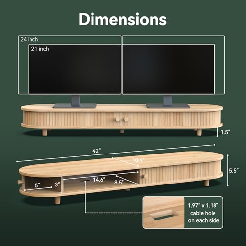Bamboo Dual Monitor Stand with Storage, Curved Double Computer Laptop Stand Desk Shelf Organizer with Sliding Doors (42 inch) - size: 42 inch