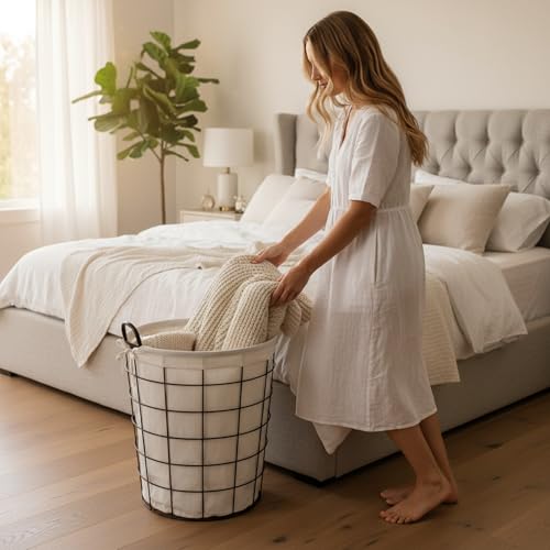 16" Diameter Laundry Basket Metal Wire with Fabric Liner Round Storage Organizer Decorative Bin Laundry Hamper Modern Home Organizer for Bedroom Bathroom Living Room Closet