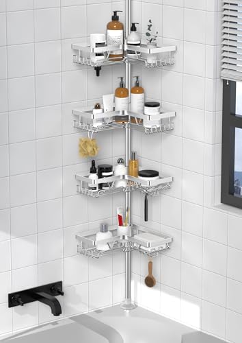 KEGII SUS304 Corner Shower Organizer, Stainless Steel Tension Pole Corner Bathroom Caddy, No Drilling Required Adjustable Shower Shelf for Inside Showers, Silver - style: Tension Caddy - Silver