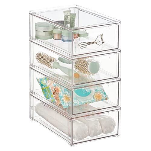 mDesign Plastic Stackable Bathroom Storage Organizer Bin with Pull Out Drawer for Cabinet, Vanity, Shelf, Cupboard, Cabinet, or Closet Organization - Lumiere Collection - 4 Pack - Clear - size: 8 x 12 x 4 (Pack of 4)