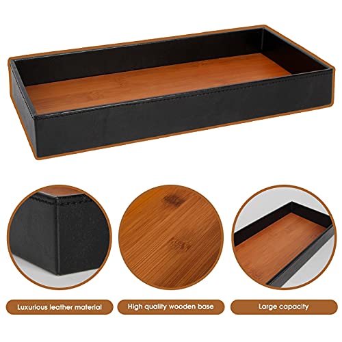 JACKCUBE Design Leather Bamboo Valet Tray for Men, Catch All Trays for Key, Phone, Wallet, Coin, Sunglasses, EDC Dump Storage (Black) - MK205A - color: Black