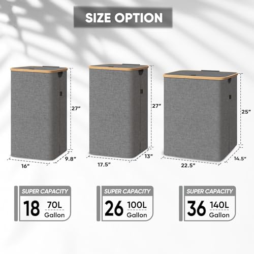 BALEINE Laundry Hamper with Lid, Tall Laundry Baskets with Bamboo Pull Handles, Large Laundry Bin with Internal Support (26 Gal/100L, Grey) - color: Grey, size: 100 liters