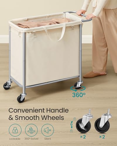 SONGMICS Laundry Basket with Wheels, Rolling Laundry Hamper, 47.5 Gallons (180 L), Removable Liner, Steel Frame with Handle, 31.5 x 15.4 x 31.9 Inches, Cream White URLS011W01 - color: Cream White, size: 180 L (1-Section), style: Rectangular with handle