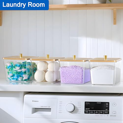 Hudgan 4 Pack Acrylic Storage Containers with Measuring Scoops for Kitchen, Laundry, Pantry, Clear Sturdy Plastic with Gold Handle Perfect for Dried Goods, Snacks, Detergent