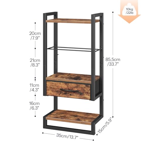 HOOBRO Wall Mounted Towel Rack with Shelf and Drawer, Bathroom Wall Storage Shelf with Towel Bar, Space Saving Over Toilet Organizer for Bathroom, Rustic Brown BF11LB01