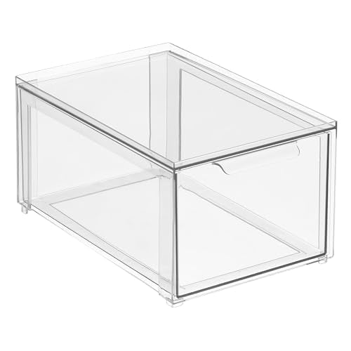 mDesign Plastic Stackable Bathroom Storage with Pull Out Bin Organizer Drawer for Cabinet, Vanity, Shelf, Cupboard, Cabinet, or Closet Organization - Lumiere Collection - 2 Pack - Clear - size: 8 x 12 x 6 (Pack of 2)