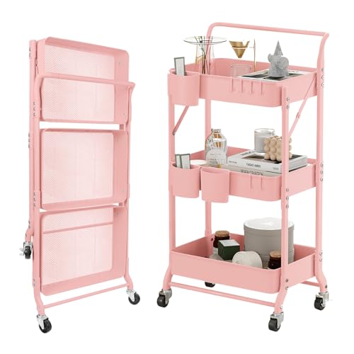 3-Tier Folding Rolling Utility Cart with Wheels, Foldable Storage Cart Organizer with 3 Hanging Cups & 6 Hooks for Kitchen, Office, Living Room, Nursery(Pink) - color: Pink