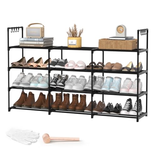 3 Row 4 Tier Long Shoe Rack, Black Metal Stackable Shoe Shelf with Multifunctional Hooks, Shoe Storage Hold 24-30 Pairs, Space Saving Shoe Organizer for Closet,Wide Shoe Rack - size: 3 Row 4 Tier
