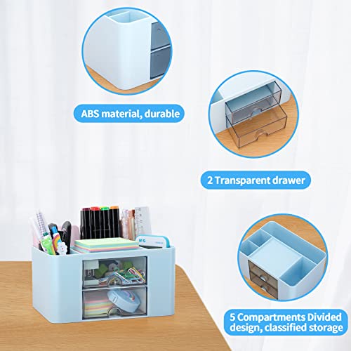 Desk Organizer with 2 Drawer, Plastic Desktop Pen Pencil Card Holder Storage Box for Desk, Office Supplies, Vanity Table Office School Home (Blue) - color: Blue