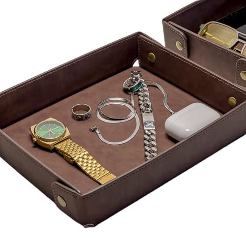 LLmoway PU Leather Valet Tray Nightstand Desk Organizer for Men Women Home Office Phone Watch Jewelry Glasses Keys Coins Storage - color: Coffee Brown