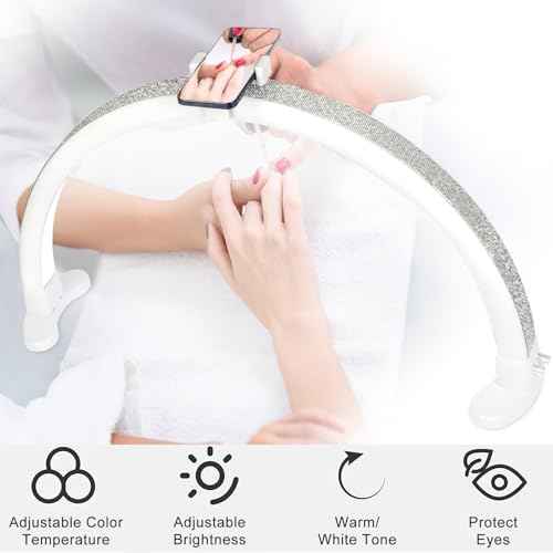 Half Moon Light with Phone Holder, 29 in 48W Nail Desk Lamp, Lash Light for Eyelash Tech, Makeup, Tattoo, Spa, Salon, Nail Tech Lamp with Stepless Dimming & Color Temperature(White)