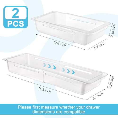 2 PCS Deep Drawer Organizer Bin Adjustable Sliding Drawer Organizers Clear Expandable Transparent Organizer Trays for Home Office Kitchen Makeup Storage Tools